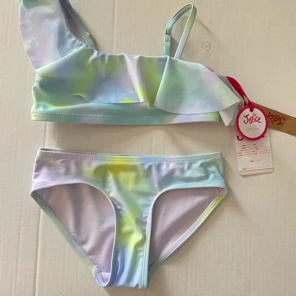 Justice 2 piece bikini purple blue greenish yellow tie dye Size: X Small (5-6)